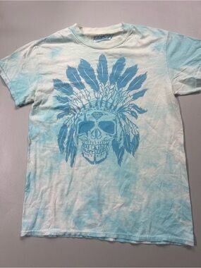 Popular Poison Blue White Tie Dye Skull Feather Graphic T-Shirt Size Small